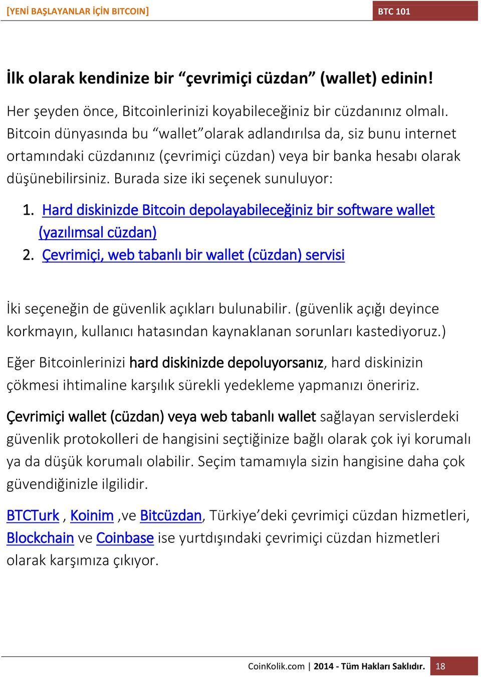 Hard diskinizde Bitcoin depolayabileceğiniz bir software wallet (yazılımsal cüzdan) 2. Çevrimiçi, web tabanlı bir wallet (cüzdan) servisi İki seçeneğin de güvenlik açıkları bulunabilir.