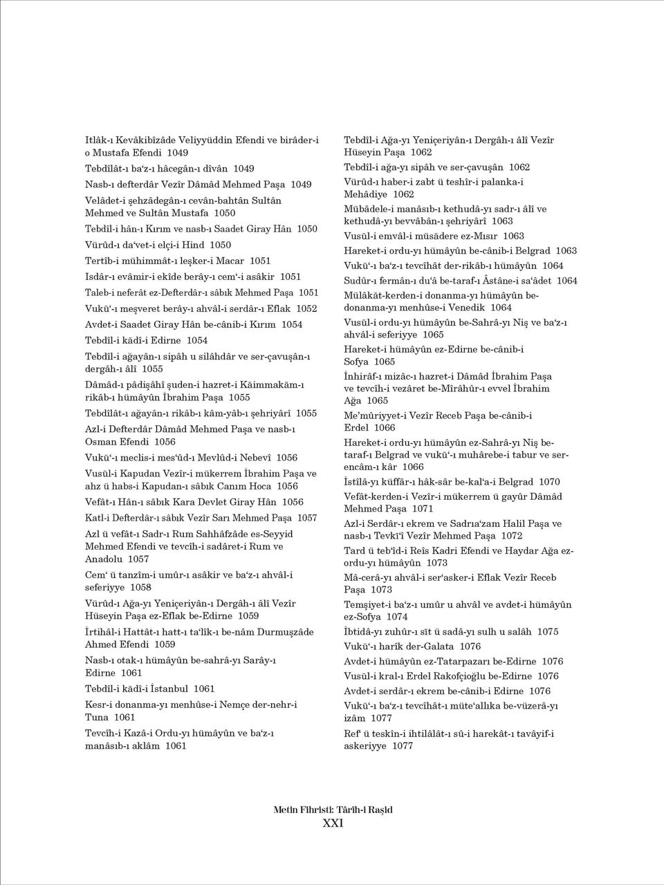 -i asâkir 1051 Taleb-i neferât ez-defterdâr-ı sâbık Mehmed Paşa 1051 Vuku -ı meşveret berây-ı ahvâl-i serdâr-ı Eflak 1052 Avdet-i Saadet Giray Hân be-cânib-i Kırım 1054 Tebdîl-i kadî-i Edirne 1054