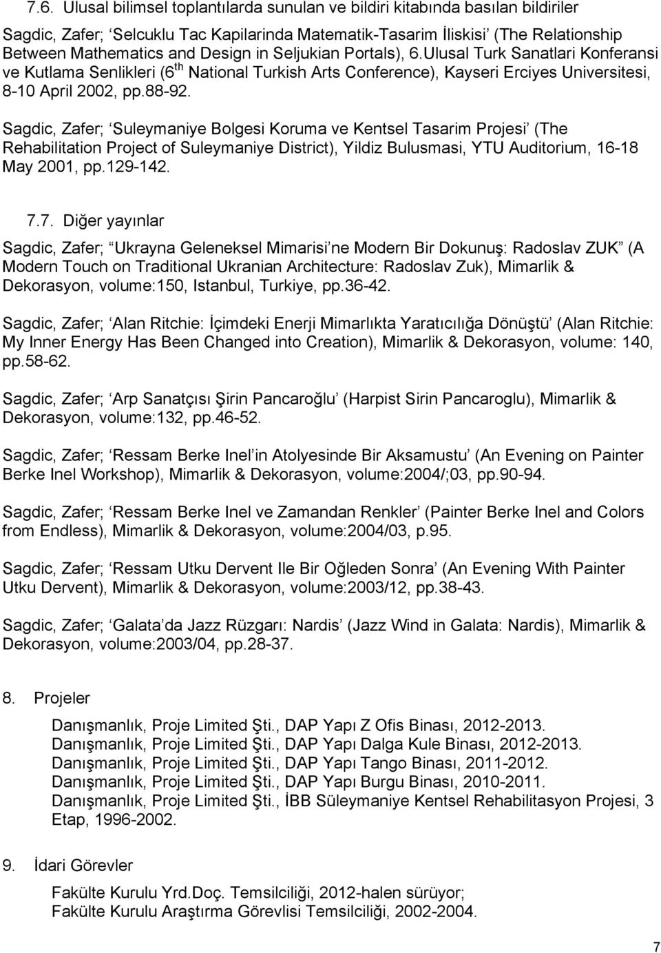 Sagdic, Zafer; Suleymaniye Bolgesi Koruma ve Kentsel Tasarim Projesi (The Rehabilitation Project of Suleymaniye District), Yildiz Bulusmasi, YTU Auditorium, 16-18 May 2001, pp.129-142. 7.