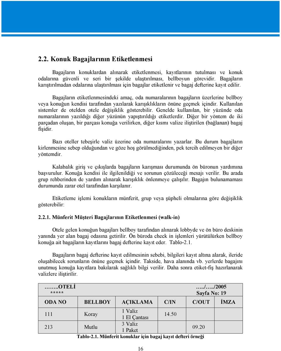 Bagajların etiketlenmesindeki amaç, oda numaralarının bagajların üzerlerine bellboy veya konuğun kendisi tarafından yazılarak karışıklıkların önüne geçmek içindir.