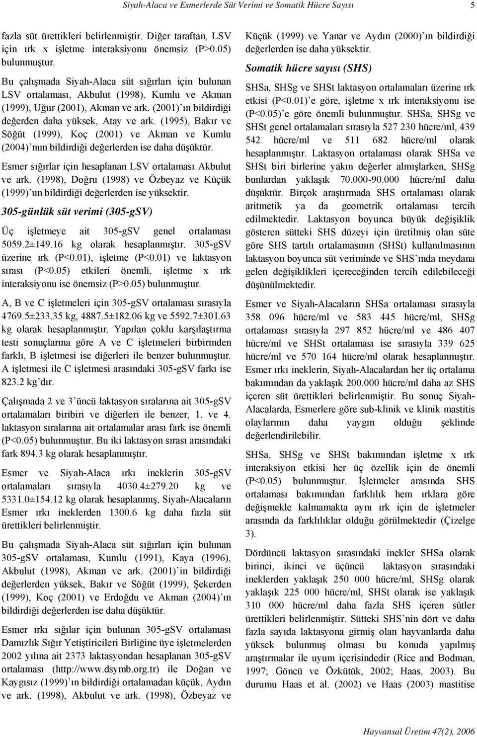 (1995), Bakır ve Söğüt (1999), Koç (2001) ve Akman ve Kumlu (2004) nun bildirdiği değerlerden ise daha düşüktür. Esmer sığırlar için hesaplanan LSV ortalaması Akbulut ve ark.