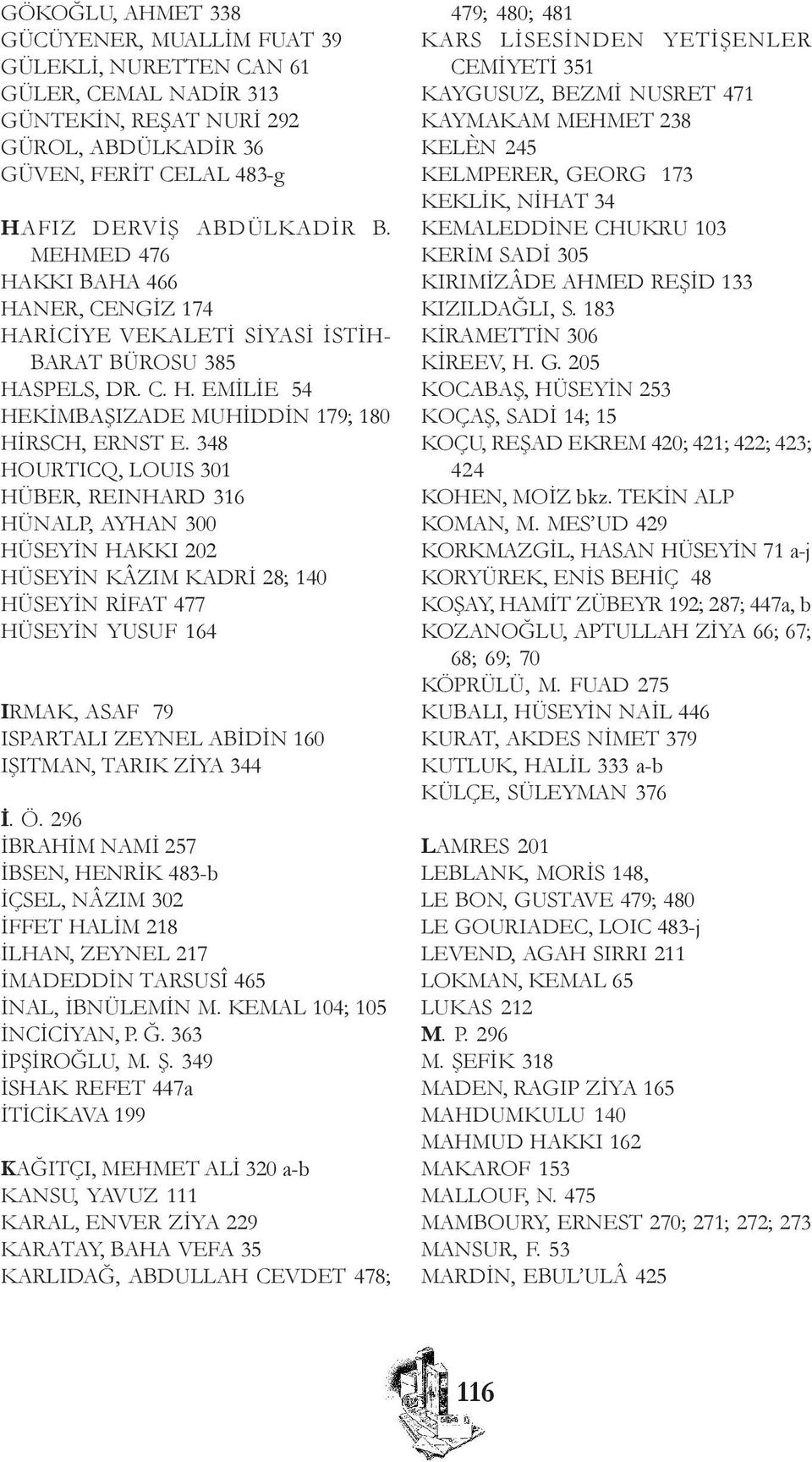 348 HOURTICQ, LOUIS 301 HÜBER, REINHARD 316 HÜNALP, AYHAN 300 HÜSEYÝN HAKKI 202 HÜSEYÝN KÂZIM KADRÝ 28; 140 HÜSEYÝN RÝFAT 477 HÜSEYÝN YUSUF 164 IRMAK, ASAF 79 ISPARTALI ZEYNEL ABÝDÝN 160 IÞITMAN,