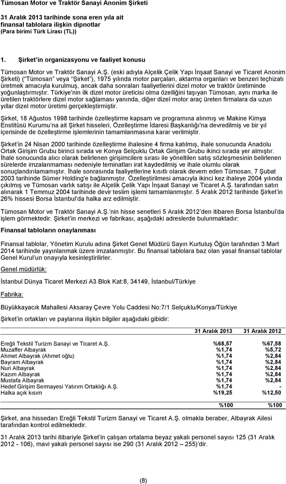 (eski adıyla Alçelik Çelik Yapı İnşaat Sanayi ve Ticaret Anonim Şirketi) ( Tümosan veya Şirket ), 1975 yılında motor parçaları, aktarma organları ve benzeri teçhizatı üretmek amacıyla kurulmuş, ancak