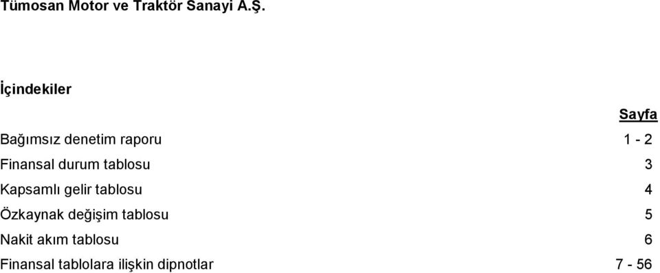 durum tablosu 3 Kapsamlı gelir tablosu 4 Özkaynak