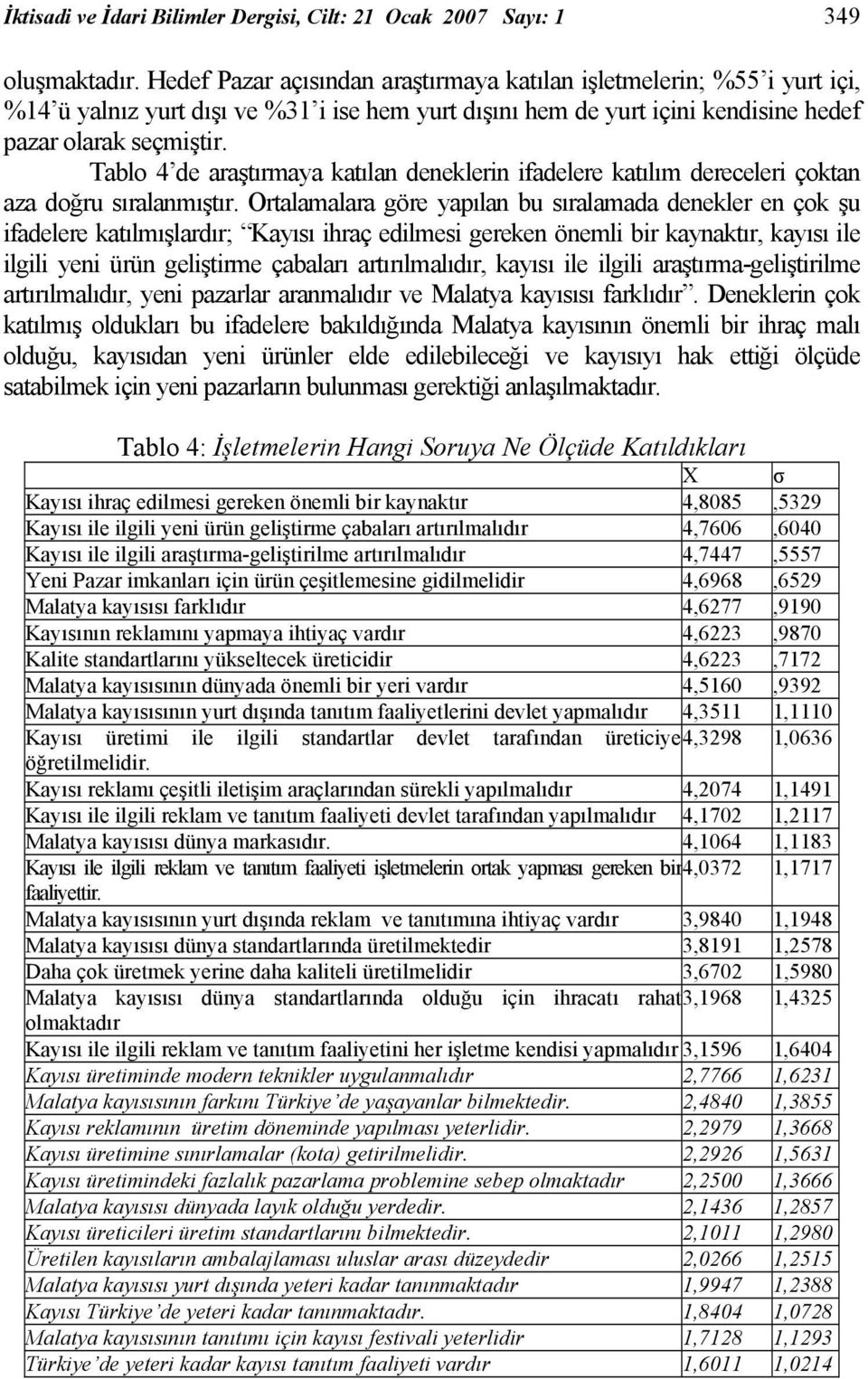 Tablo 4 de araştırmaya katılan deneklerin ifadelere katılım dereceleri çoktan aza doğru sıralanmıştır.