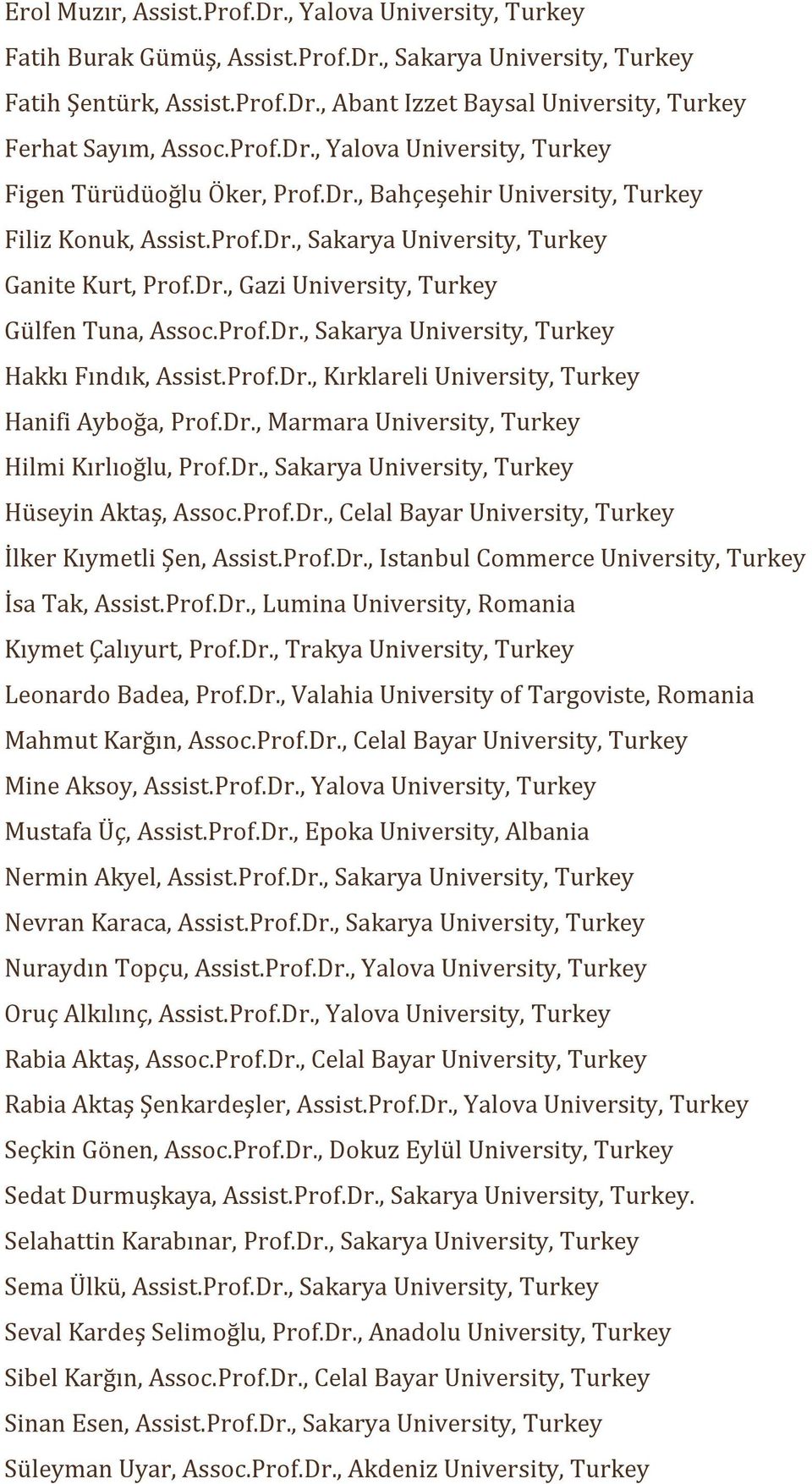 Prof.Dr., Sakarya University, Turkey Hakkı Fındık, Assist.Prof.Dr., Kırklareli University, Turkey Hanifi Ayboğa, Prof.Dr., Marmara University, Turkey Hilmi Kırlıoğlu, Prof.Dr., Sakarya University, Turkey Hüseyin Aktaş, Assoc.