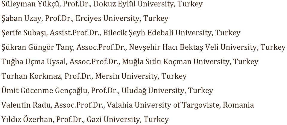 Dr., Mersin University, Turkey Ümit Gücenme Gençoğlu, Prof.Dr., Uludağ University, Turkey Valentin Radu, Assoc.Prof.Dr., Valahia University of Targoviste, Romania Yıldız Özerhan, Prof.