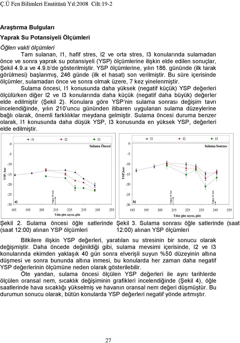 sonra yaprak su potansiyeli (YSP) ölçümlerine ilişkin elde edilen sonuçlar, Şekil 4.9.a ve 4.9.b de gösterilmiştir. YSP ölçümlerine, yılın 186.