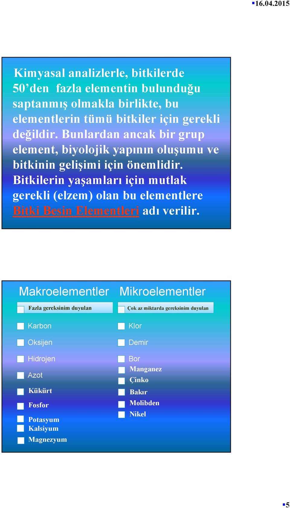 Bitkilerin yaşamları için mutlak gerekli (elzem) olan bu elementlere Bitki Besin Elementleri adı verilir.