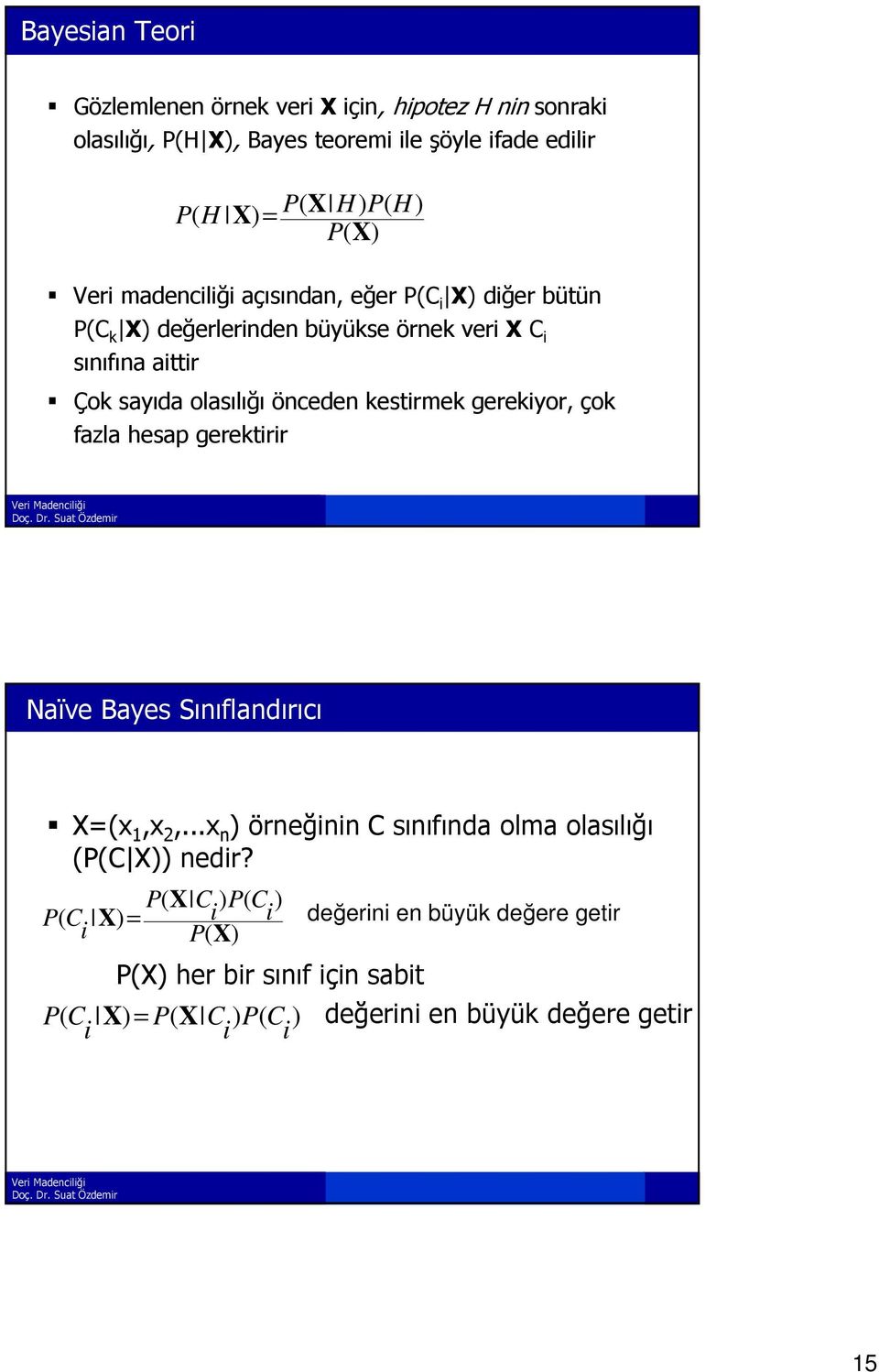 kestirmek gerekiyor, çok fazla hesap gerektirir Naïve Bayes Sınıflandırıcı X=(x 1,x 2,...x n ) örneğininc sınıfındaolmaolasılığı (P(C X)) nedir?