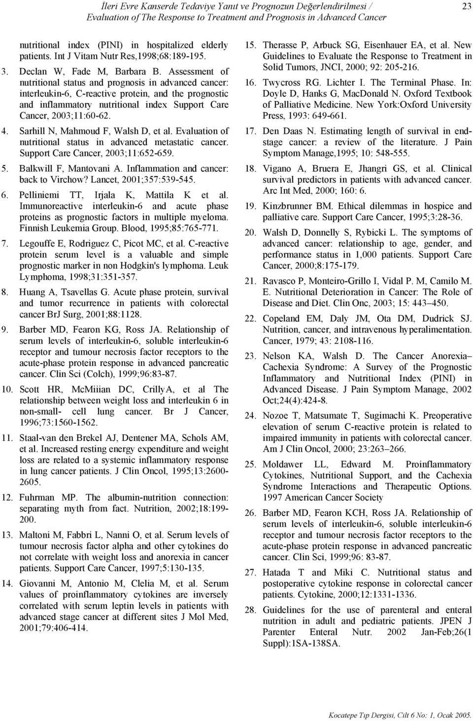 Assessment of nutritional status and prognosis in advanced cancer: interleukin-6, C-reactive protein, and the prognostic and inflammatory nutritional index Support Care Cancer, 2003;11:60-62. 4.