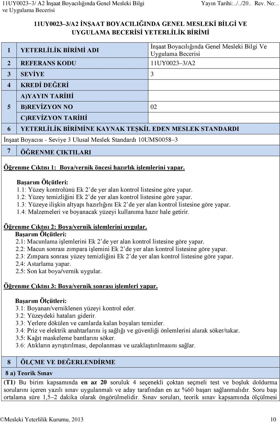 TEŞKİL EDEN MESLEK STANDARDI İnşaat Boyacısı - Seviye 3 Ulusal Meslek Standardı 10UMS0058 3 7 ÖĞRENME ÇIKTILARI Öğrenme Çıktısı 1: Boya/vernik öncesi hazırlık işlemlerini yapar. Başarım Ölçütleri: 1.