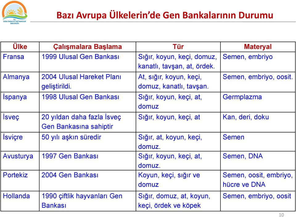 İspanya 1998 Ulusal Gen Bankası Sığır, koyun, keçi, at, domuz İsveç 20 yıldan daha fazla İsveç Gen Bankasına sahiptir Sığır, koyun, keçi, at İsviçre 50 yılı aşkın süredir Sığır, at, koyun, keçi,