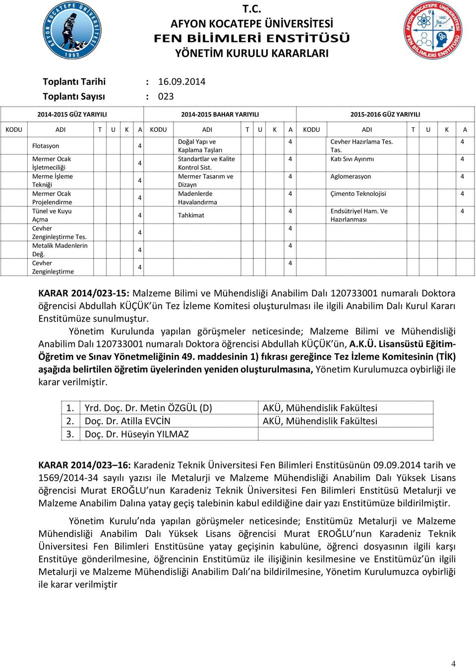 Flotasyon Mermer Ocak İşletmeciliği Merme İşleme Tekniği Mermer Ocak Projelendirme Tünel ve Kuyu Açma Cevher Zenginleştirme Tes. Metalik Madenlerin Değ.