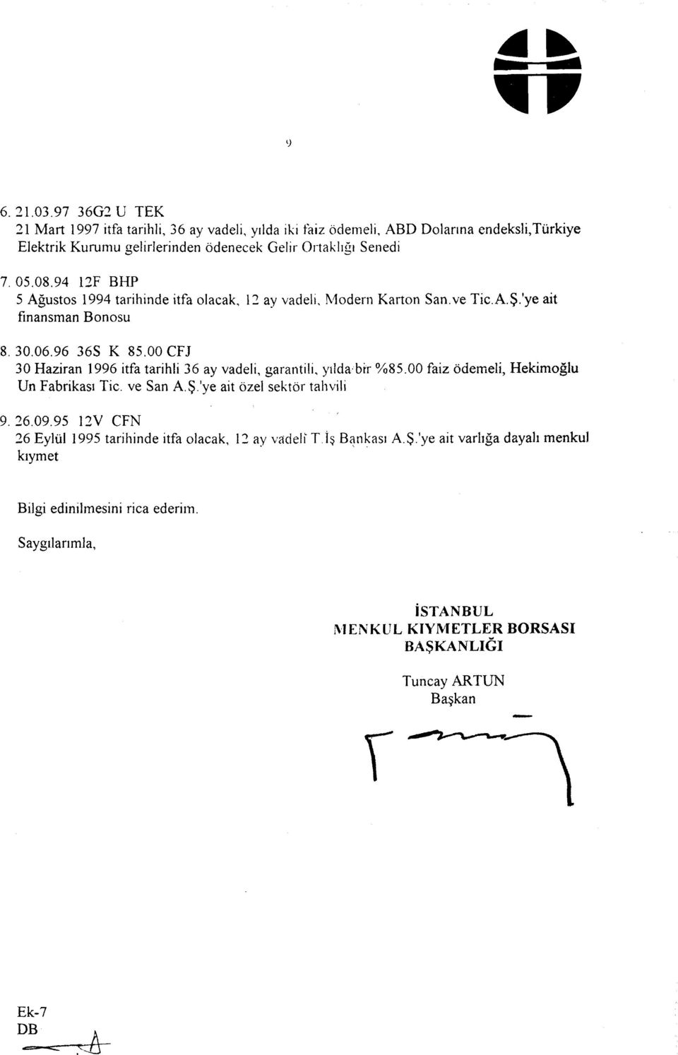 94 12F BHP 5 Ağustos 1994 tarihinde itfa olacak, 12 ay vadeli, Modern Karton San.ve Tic.A.Ş/ye ait finansman Bonosu 8. 30.06.96 36S K 85.