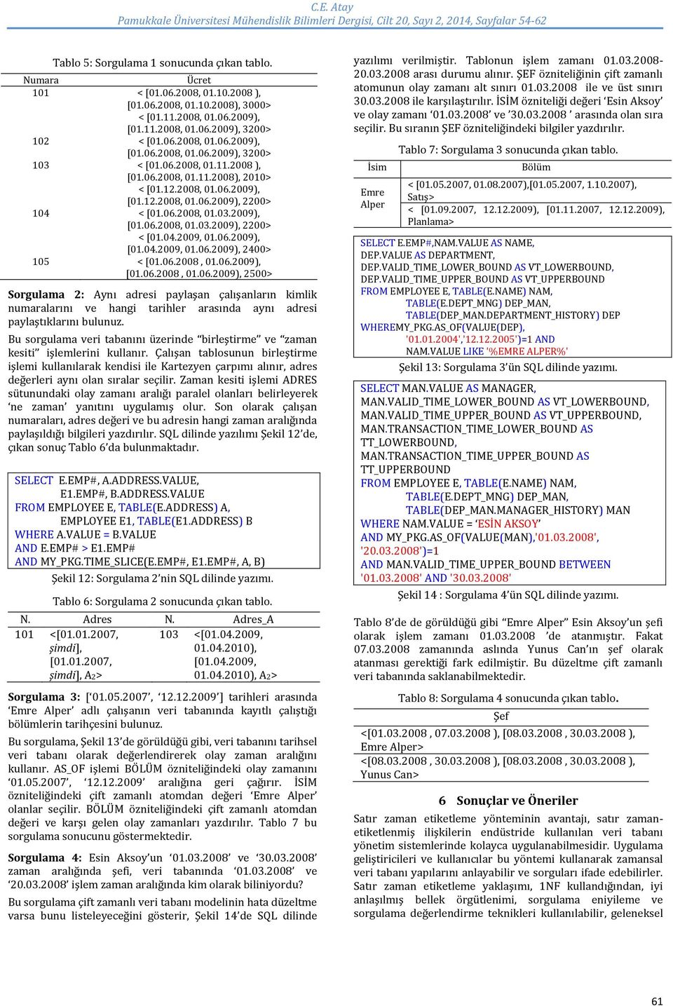 06.2008, 01.06.2009), [01.06.2008, 01.06.2009), 2500> Sorgulama 2: Aynı adresi paylaşan çalışanların kimlik numaralarını ve hangi tarihler arasında aynı adresi paylaştıklarını bulunuz.