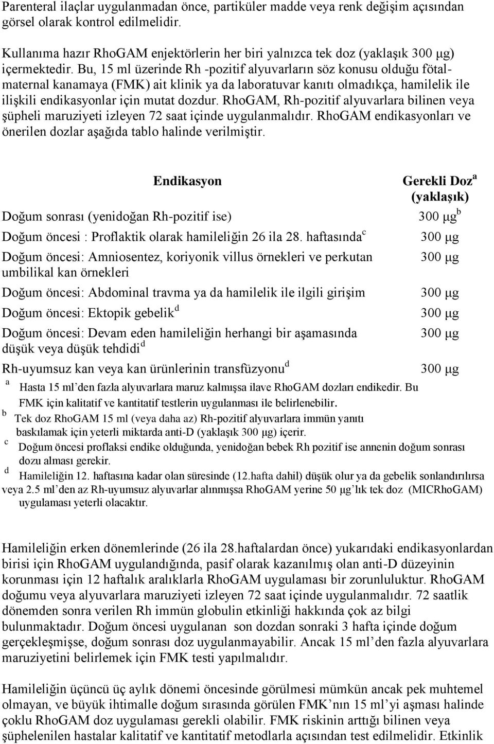 Bu, 15 ml üzerinde Rh -pozitif alyuvarların söz konusu olduğu fötalmaternal kanamaya (FMK) ait klinik ya da laboratuvar kanıtı olmadıkça, hamilelik ile ilişkili endikasyonlar için mutat dozdur.