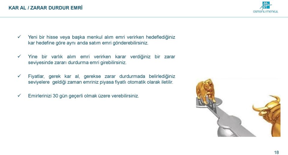 Yine bir varlık alım emri verirken karar verdiğiniz bir zarar seviyesinde zararı durdurma emri girebilirsiniz.