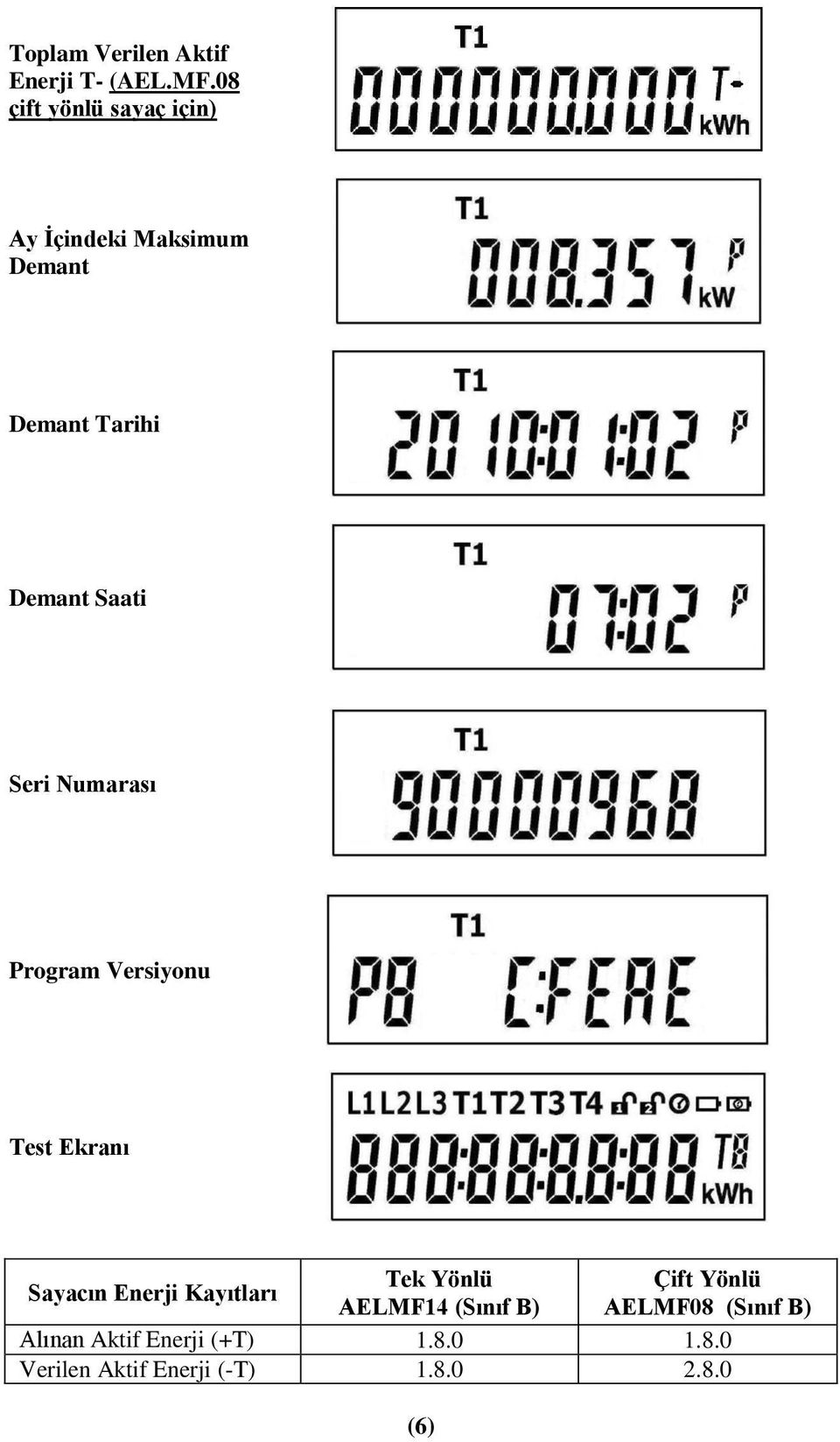 Seri Numarası Program Versiyonu Test Ekranı Sayacın Enerji Kayıtları Tek Yönlü