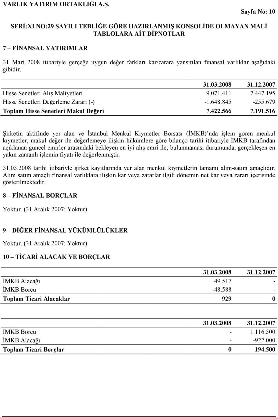 516 Şirketin aktifinde yer alan ve İstanbul Menkul Kıymetler Borsası (İMKB) nda işlem gören menkul kıymetler, makul değer ile değerlemeye ilişkin hükümlere göre bilanço tarihi itibariyle İMKB