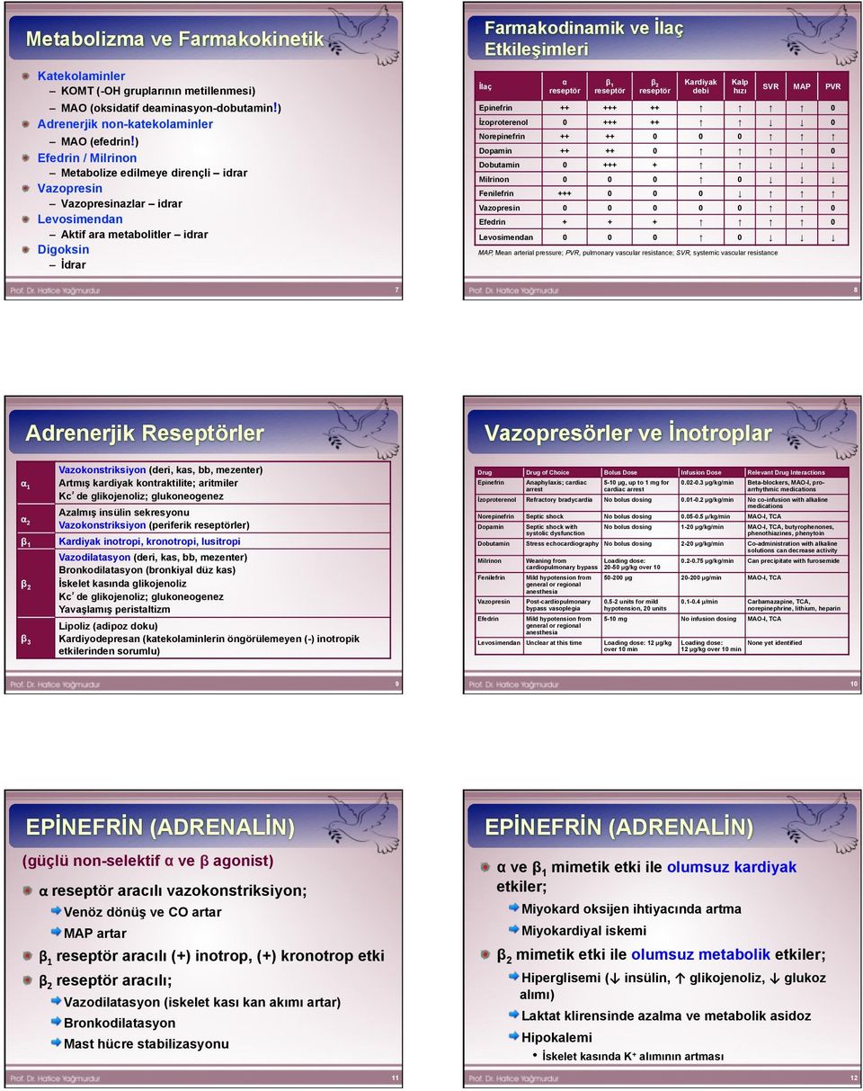 β 1 reseptör β 2 reseptör Kardiyak debi Kalp hızı SVR MAP PVR Epinefrin ++ +++ ++ 0 İzoproterenol 0 +++ ++ 0 Norepinefrin ++ ++ 0 0 0 Dopamin ++ ++ 0 0 Dobutamin 0 +++ + Milrinon 0 0 0 0 Fenilefrin