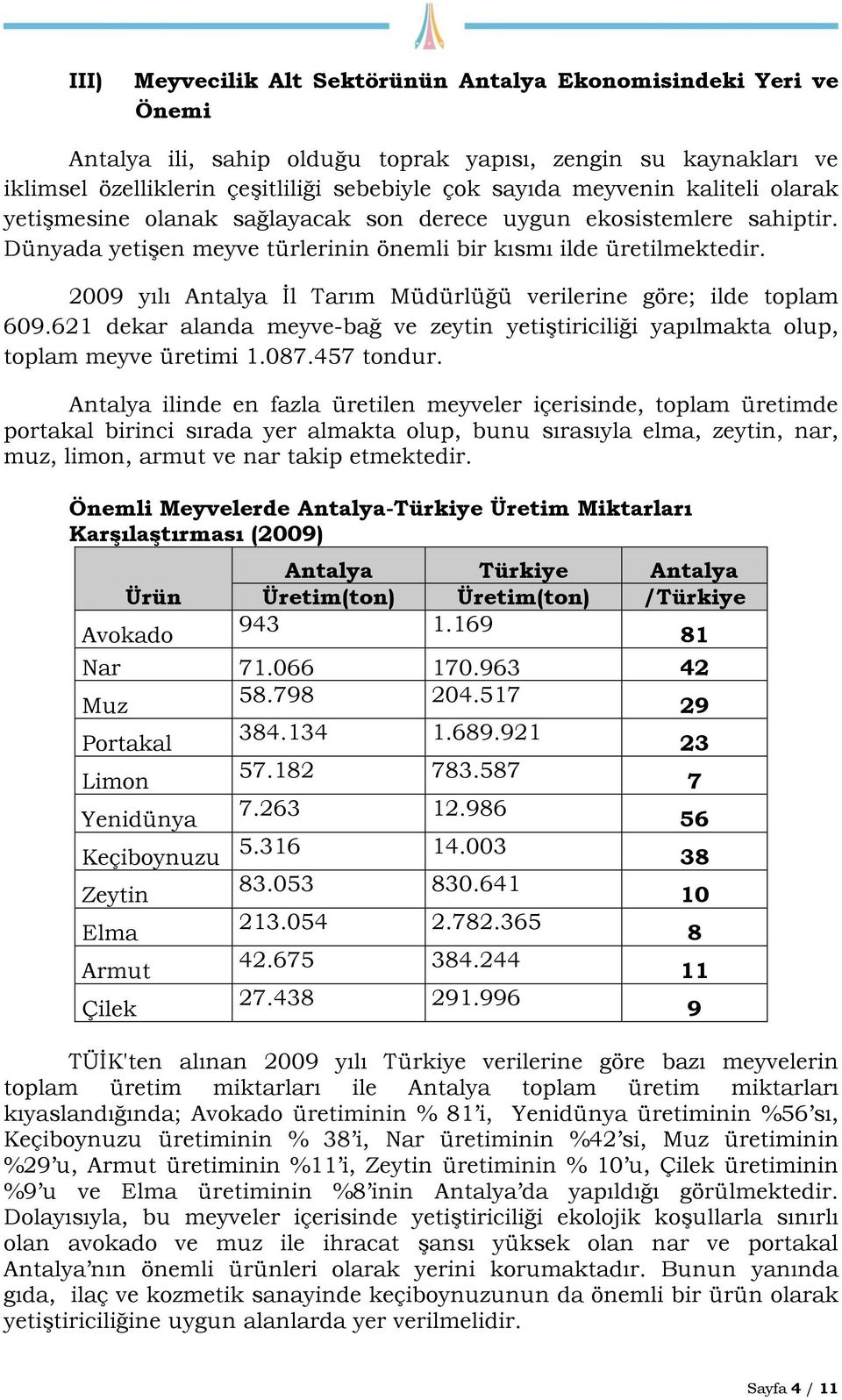 2009 yılı Antalya İl Tarım Müdürlüğü verilerine göre; ilde toplam 609.621 dekar alanda meyve-bağ ve zeytin yetiştiriciliği yapılmakta olup, toplam meyve üretimi 1.087.457 tondur.