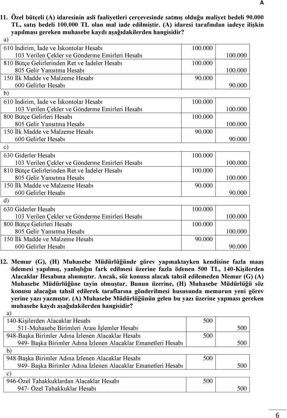 000 810 Bütçe Gelirlerinden Ret ve İadeler Hesabı 100.000 805 Gelir Yansıtma Hesabı 100.000 150 İlk Madde ve Malzeme Hesabı 90.000 600 Gelirler Hesabı 90.