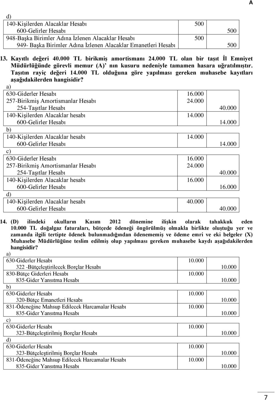 000 TL olduğuna göre yapılması gereken muhasebe kayıtları aşağıdakilerden hangisidir? 630-Giderler Hesabı 16.000 257-Birikmiş mortismanlar Hesabı 24.000 254-Taşıtlar Hesabı 40.