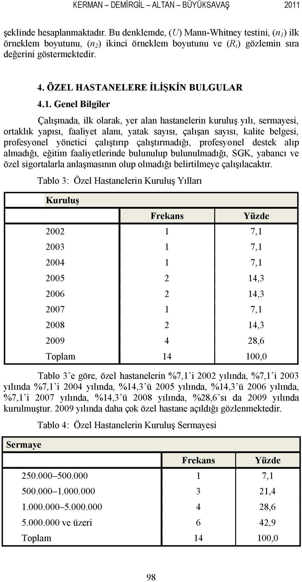 ) ilk örneklem boyutunu, (n 2 ) ikinci örneklem boyutunu ve (R i ) gözlemin sıra değerini göstermektedir. 4. ÖZEL HASTANELERE İLİŞKİN BULGULAR 4.1.