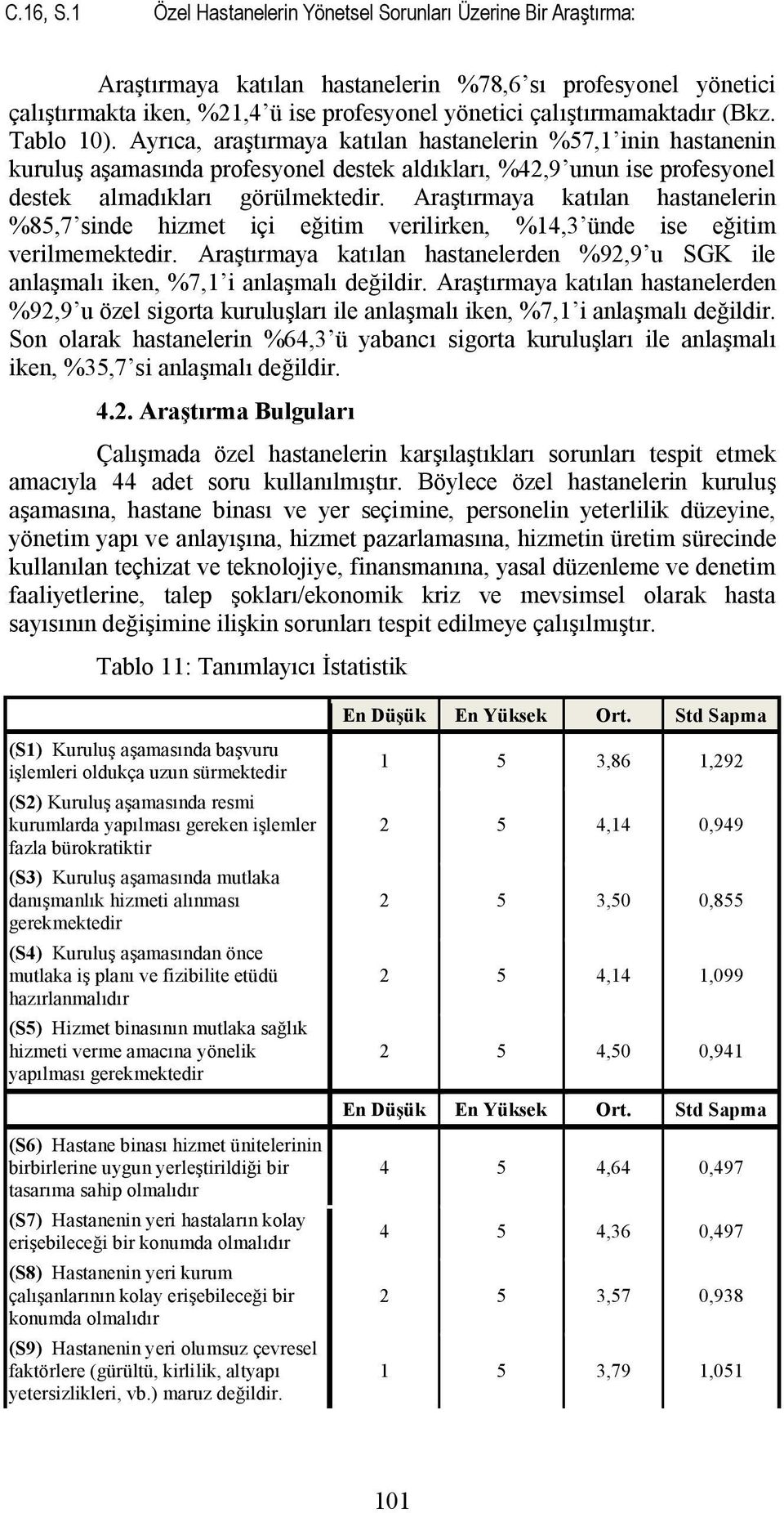 (Bkz. Tablo 10). Ayrıca, araştırmaya katılan hastanelerin %57,1 inin hastanenin kuruluş aşamasında profesyonel destek aldıkları, %42,9 unun ise profesyonel destek almadıkları görülmektedir.