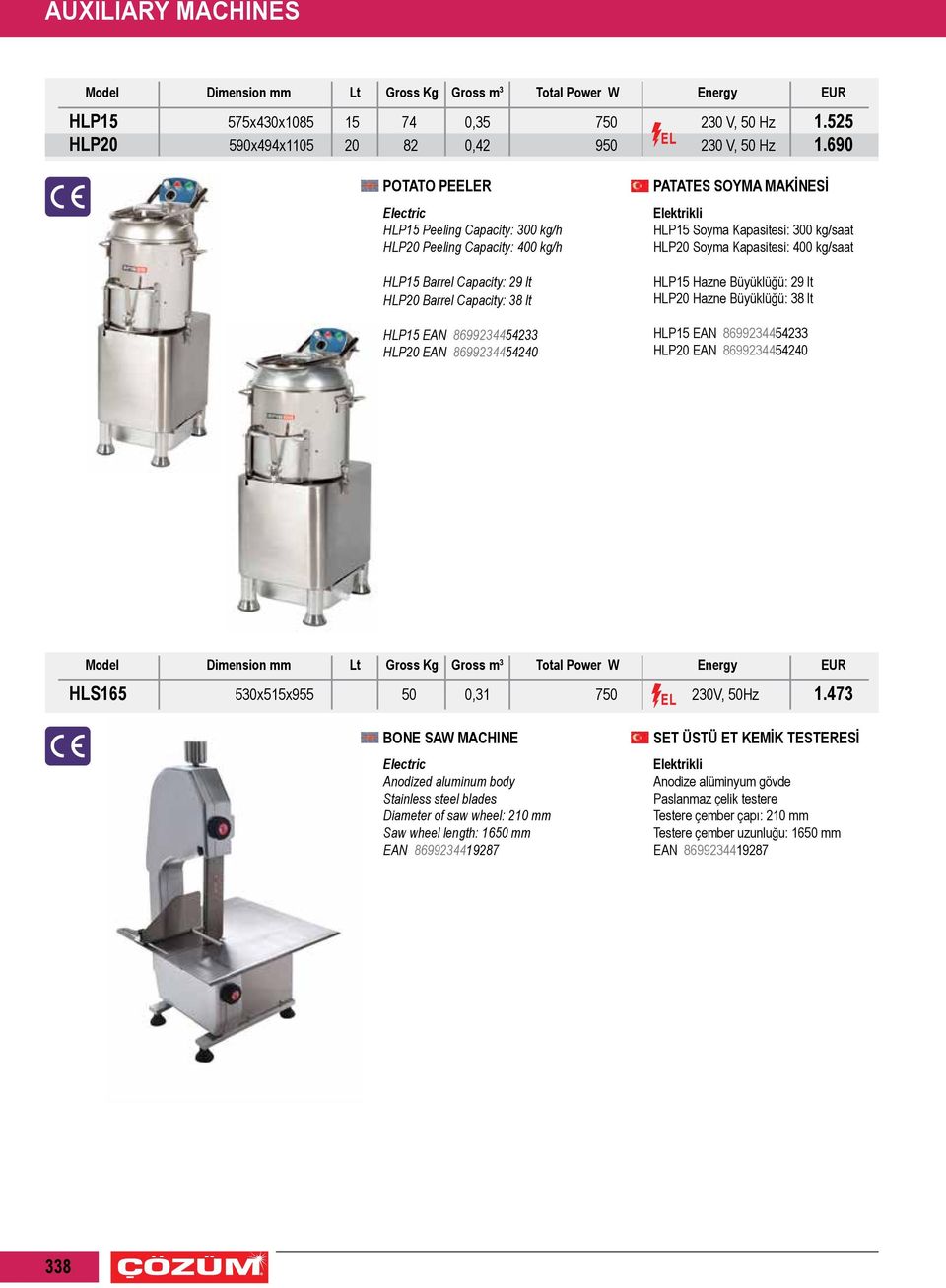 SOYMA MAKİNESİ HLP15 Soyma Kapasitesi: 300 kg/saat HLP20 Soyma Kapasitesi: 400 kg/saat HLP15 Hazne Büyüklüğü: 29 lt HLP20 Hazne Büyüklüğü: 38 lt HLP15 EAN 8699234454233 HLP20 EAN 8699234454240 HLS165