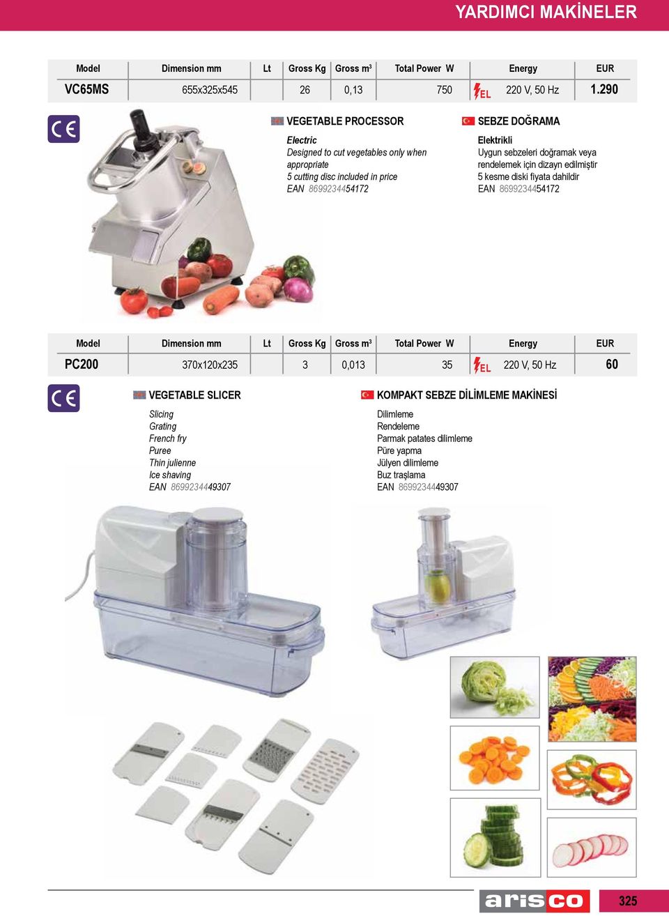 sebzeleri doğramak veya rendelemek için dizayn edilmiştir 5 kesme diski fiyata dahildir EAN 8699234454172 PC200 370x120x235 3 0,013 35 220 V, 50 Hz