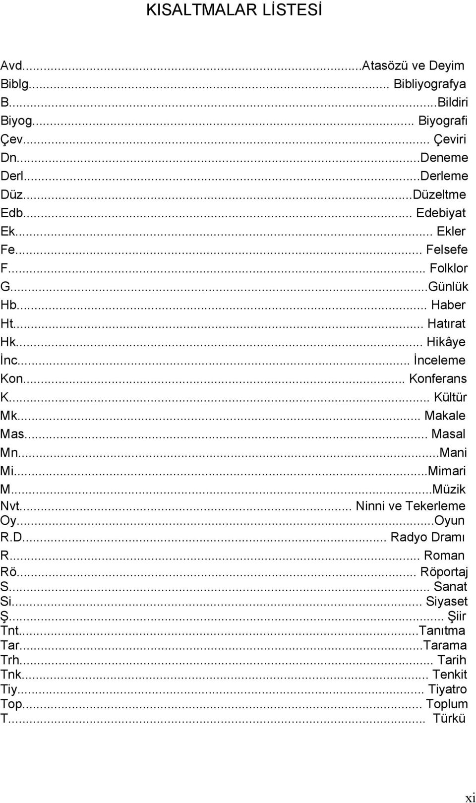 .. Konferans K... Kültür Mk... Makale Mas... Masal Mn...Mani Mi...Mimari M...Müzik Nvt... Ninni ve Tekerleme Oy...Oyun R.D... Radyo Dramı R.