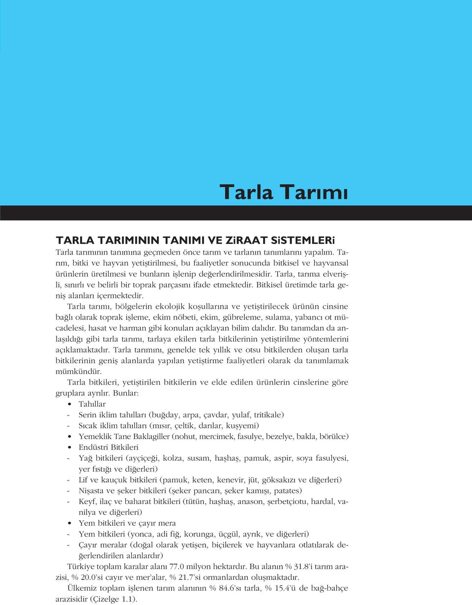 Tarla, tar ma elveriflli, s n rl ve belirli bir toprak parças n ifade etmektedir. Bitkisel üretimde tarla genifl alanlar içermektedir.