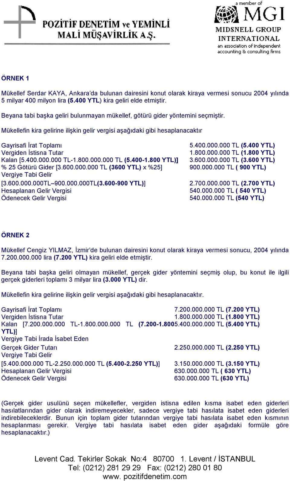 000 TL (5.400 YTL) Vergiden İstisna Tutar 1.800.000.000 TL (1.800 YTL) Kalan [5.400.000.000 TL-1.800.000.000 TL (5.400-1.800 YTL)] 3.600.000.000 TL (3.600 YTL) % 25 Götürü Gider [3.600.000.000 TL (3600 YTL) x %25] 900.