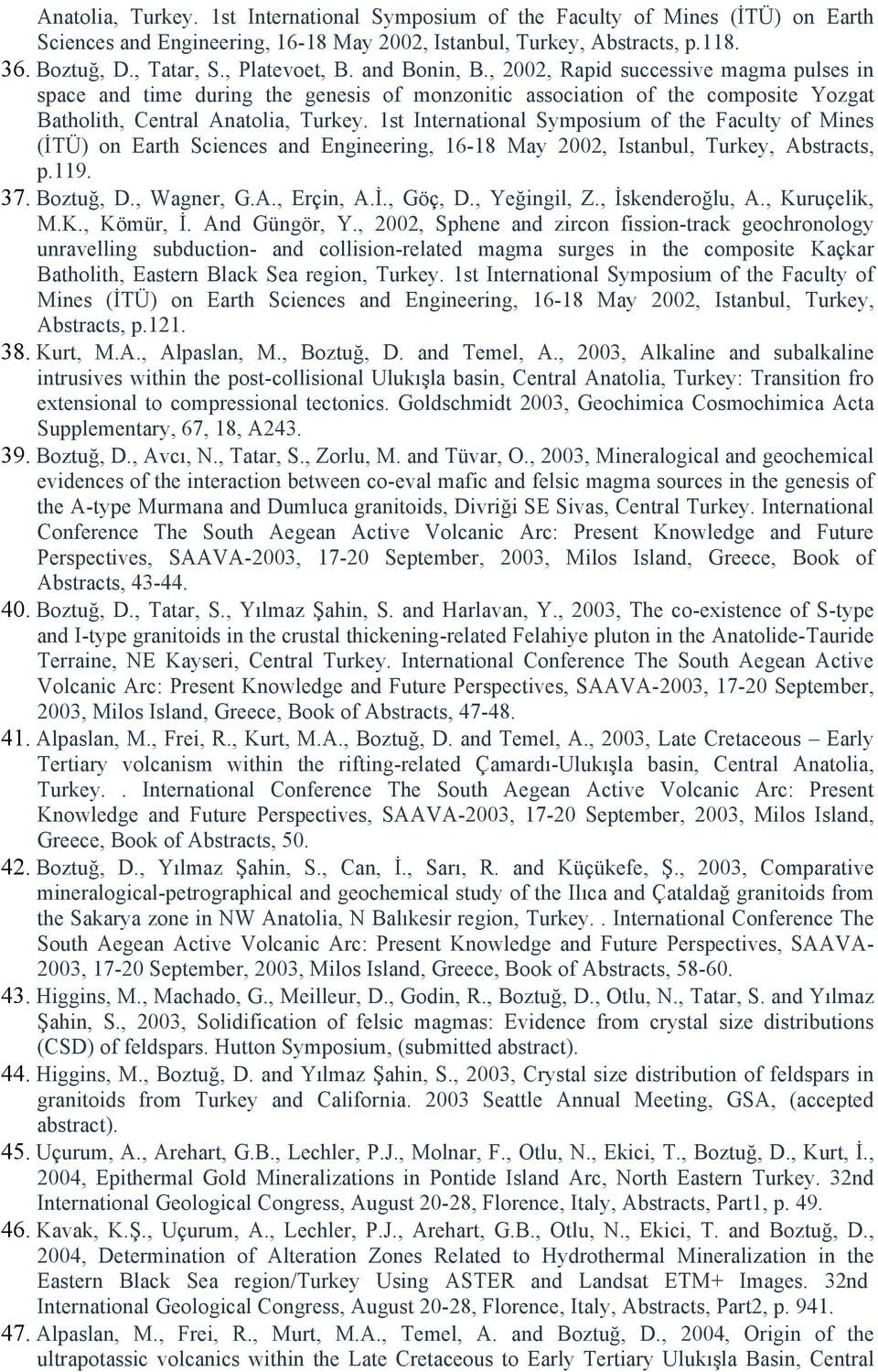 1st International Symposium of the Faculty of Mines (İTÜ) on Earth Sciences and Engineering, 16-18 May 2002, Istanbul, Turkey, Abstracts, p.119. 37. Boztuğ, D., Wagner, G.A., Erçin, A.İ., Göç, D.