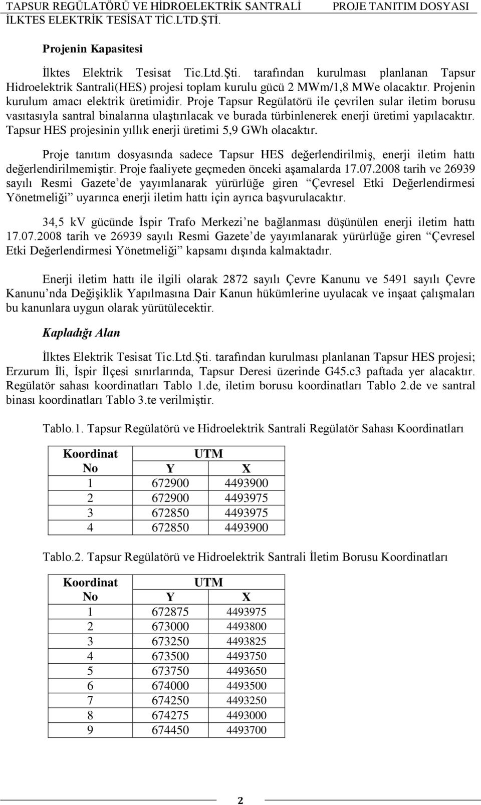 Tapsur HES projesinin yıllık enerji üretimi 5,9 GWh olacaktır. Proje tanıtım dosyasında sadece Tapsur HES değerlendirilmiş, enerji iletim hattı değerlendirilmemiştir.