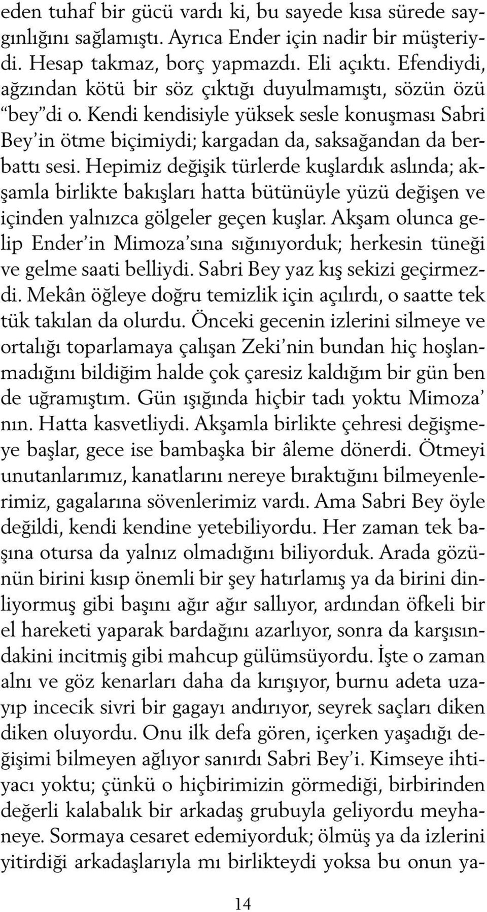 Hepimiz değişik türlerde kuşlardık aslında; akşamla birlikte bakışları hatta bütünüyle yüzü değişen ve içinden yalnızca gölgeler geçen kuşlar.