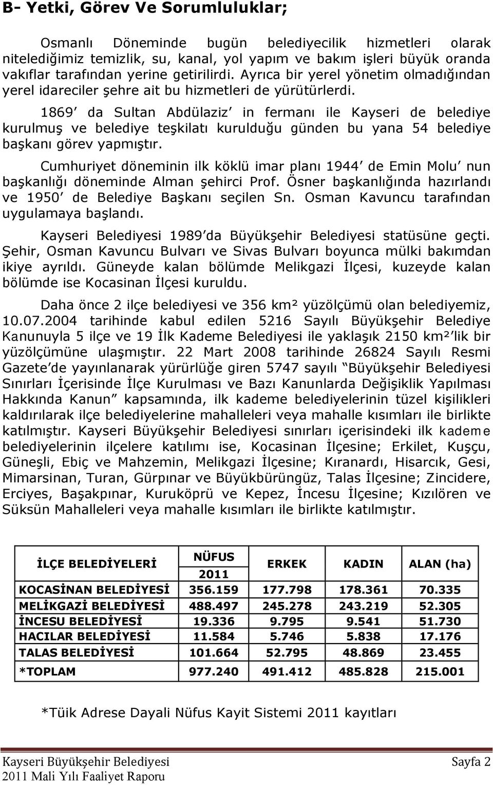 1869 da Sultan Abdülaziz in fermanı ile Kayseri de belediye kurulmuģ ve belediye teģkilatı kurulduğu günden bu yana 54 belediye baģkanı görev yapmıģtır.