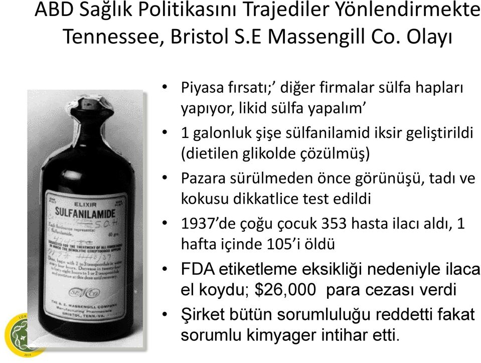 (dietilen glikolde çözülmüş) Pazara sürülmeden önce görünüşü, tadı ve kokusu dikkatlice test edildi 1937 de çoğu çocuk 353 hasta