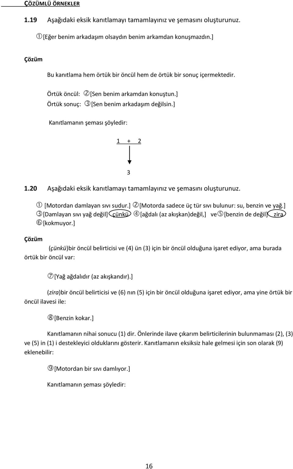 ] Kanıtlamanın şeması şöyledir: 1 + 2 3 1.20 Aşağıdaki eksik kanıtlamayı tamamlayınız ve şemasını oluşturunuz. [Motordan damlayan sıvı sudur.] [Motorda sadece üç tür sıvı bulunur: su, benzin ve yağ.