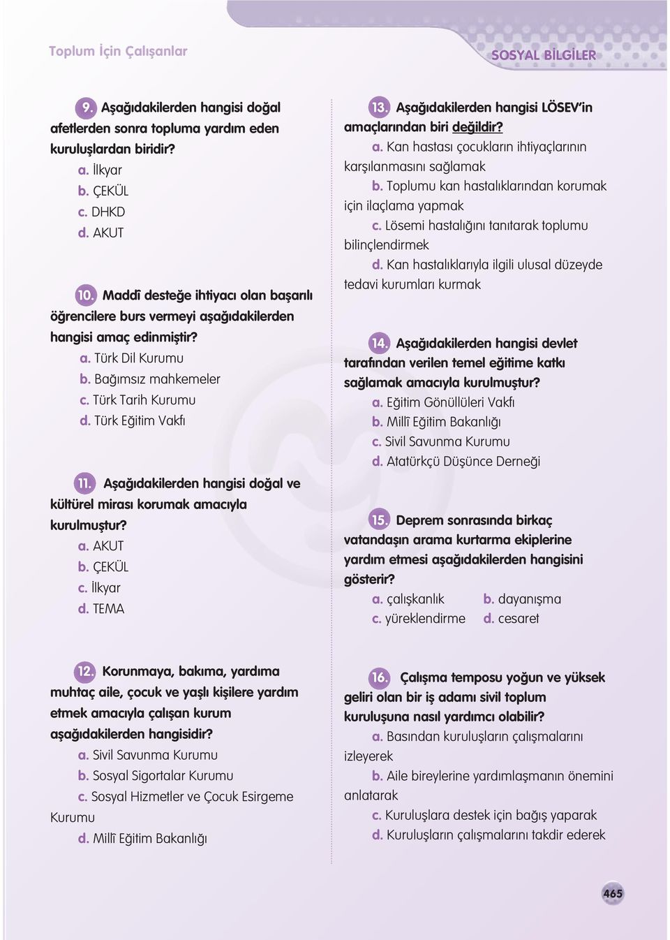 Afla dakilerden hangisi do al ve kültürel miras korumak amac yla kurulmufltur? a. AKUT b. ÇEKÜL c. lkyar d. TEMA 13. Afla dakilerden hangisi LÖSEV in amaçlar ndan biri de ildir? a. Kan hastas çocuklar n ihtiyaçlar n n karfl lanmas n sa lamak b.