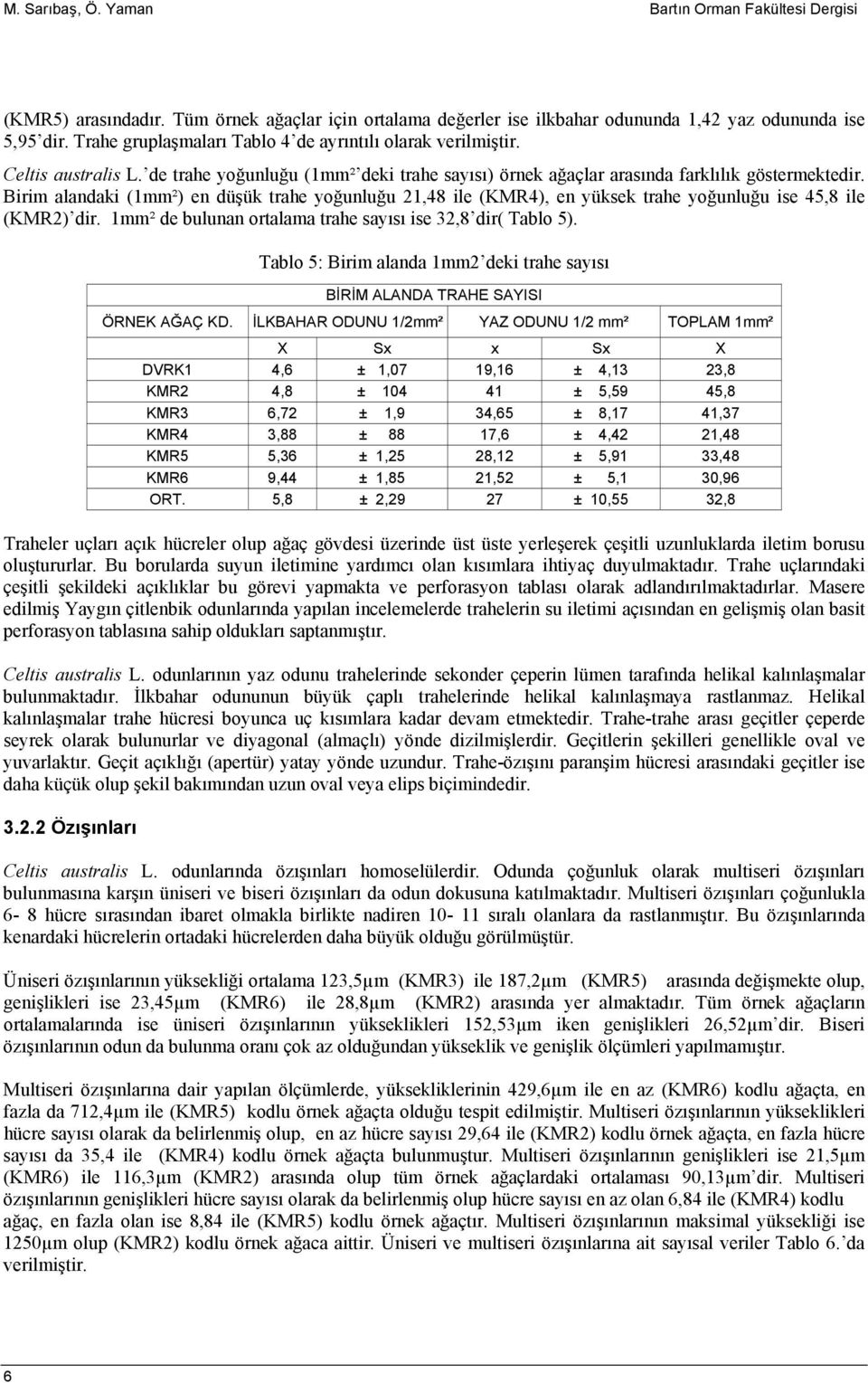 Birim alandaki (1mm²) en düşük trahe yğunluğu 21,48 ile (KMR4), en yüksek trahe yğunluğu ise 45,8 ile (KMR2) dir. 1mm² de bulunan rtalama trahe sayısı ise 32,8 dir( Tabl 5).