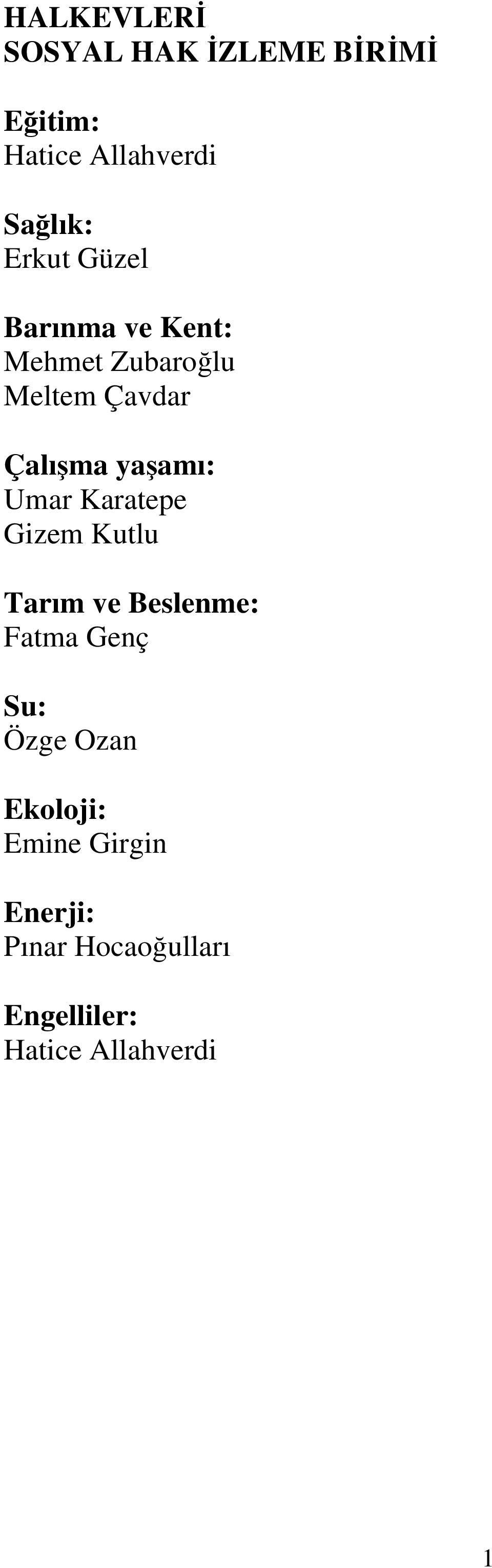 yaşamı: Umar Karatepe Gizem Kutlu Tarım ve Beslenme: Fatma Genç Su: Özge