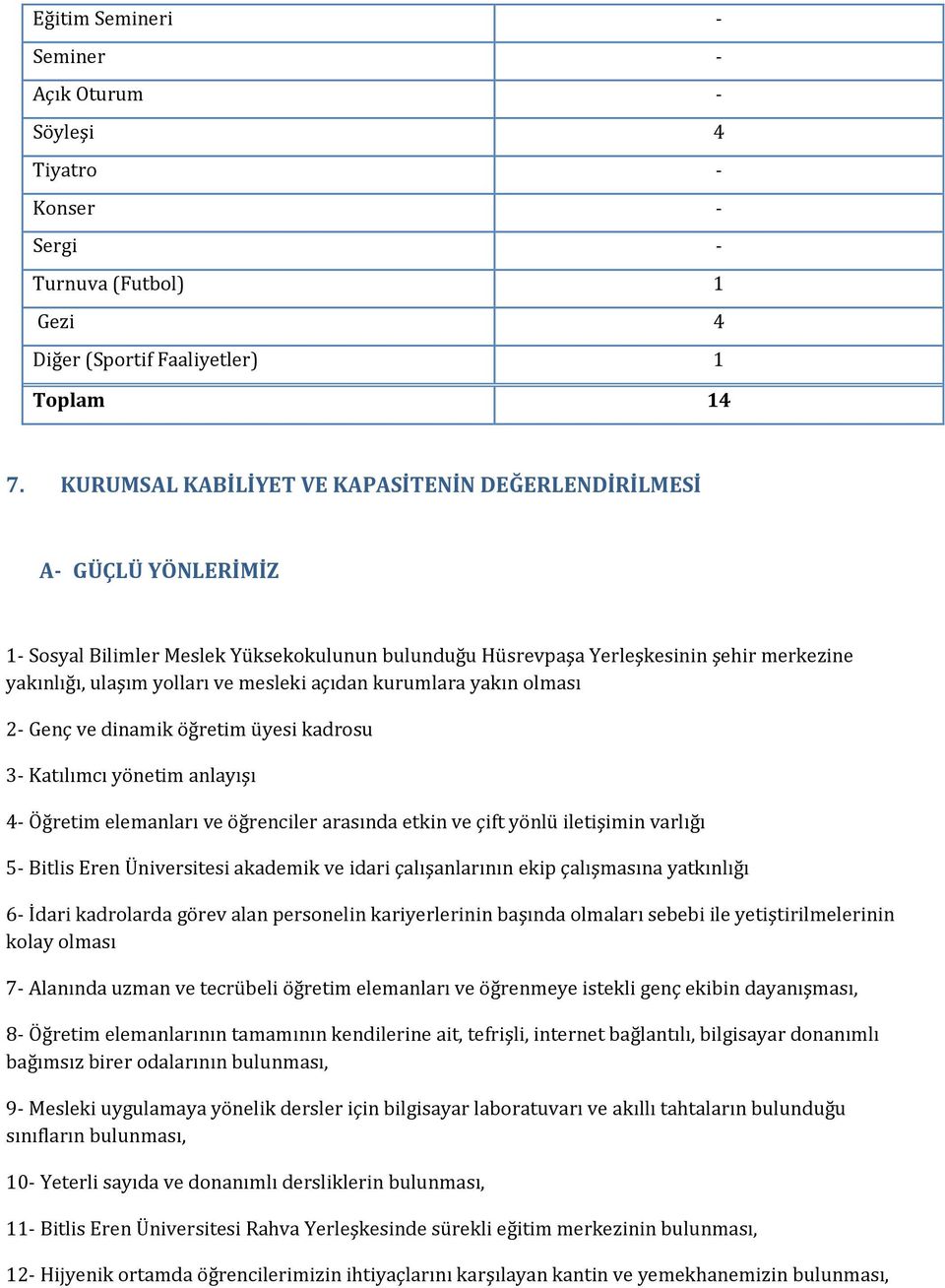 açıdan kurumlara yakın olması 2 Genç ve dinamik öğretim üyesi kadrosu 3 Katılımcı yönetim anlayışı 4 Öğretim elemanları ve öğrenciler arasında etkin ve çift yönlü iletişimin varlığı 5 Bitlis Eren