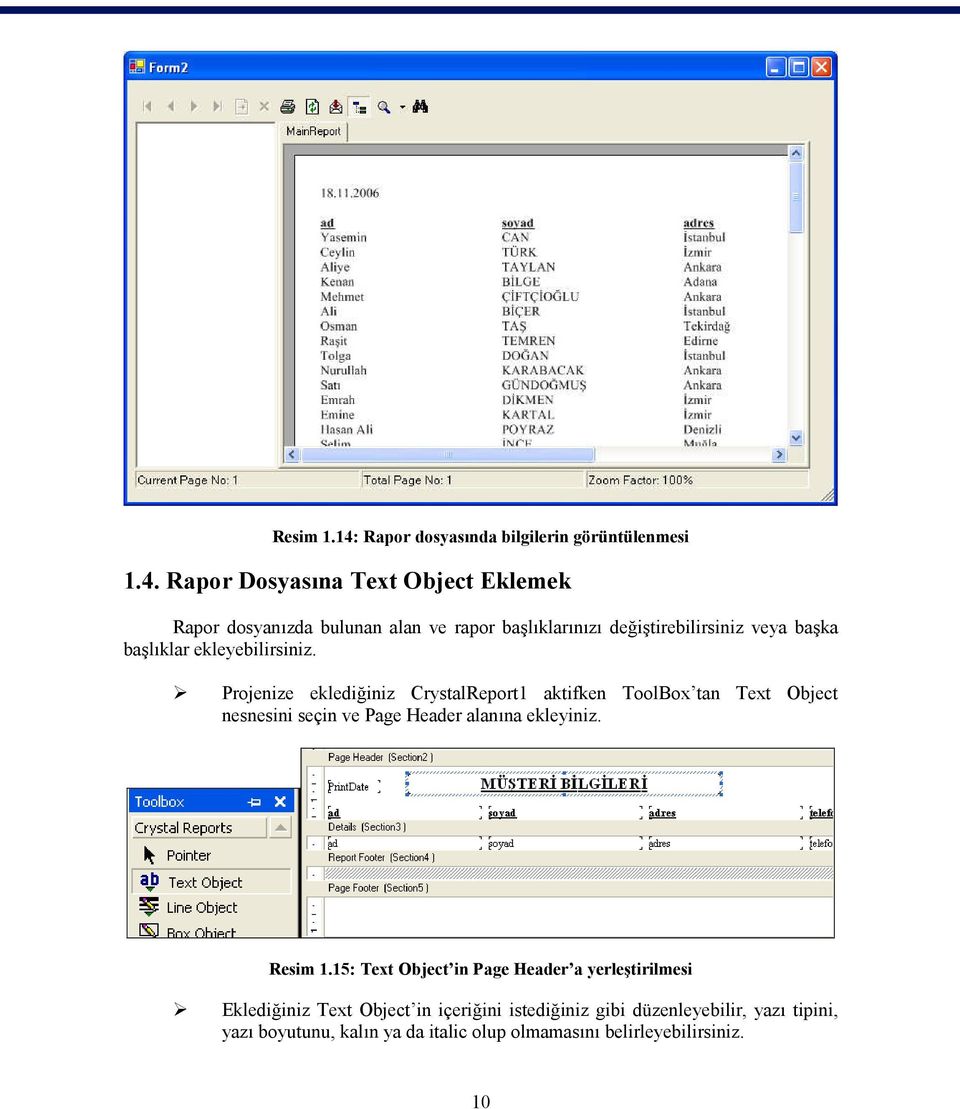 Rapor Dosyasına Text Object Eklemek Rapor dosyanızda bulunan alan ve rapor başlıklarınızı değiştirebilirsiniz veya başka başlıklar