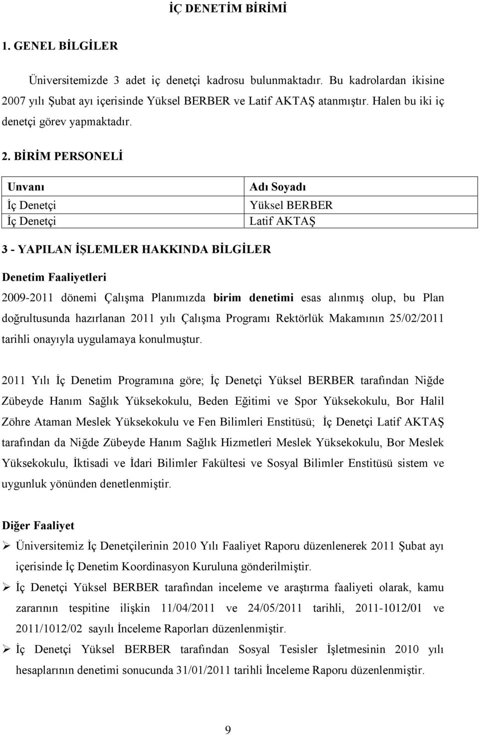 BİRİM PERSONELİ Unvanı İç Denetçi İç Denetçi Adı Soyadı Yüksel BERBER Latif AKTAŞ 3 - YAPILAN İŞLEMLER HAKKINDA BİLGİLER Denetim Faaliyetleri 2009-2011 dönemi Çalışma Planımızda birim denetimi esas