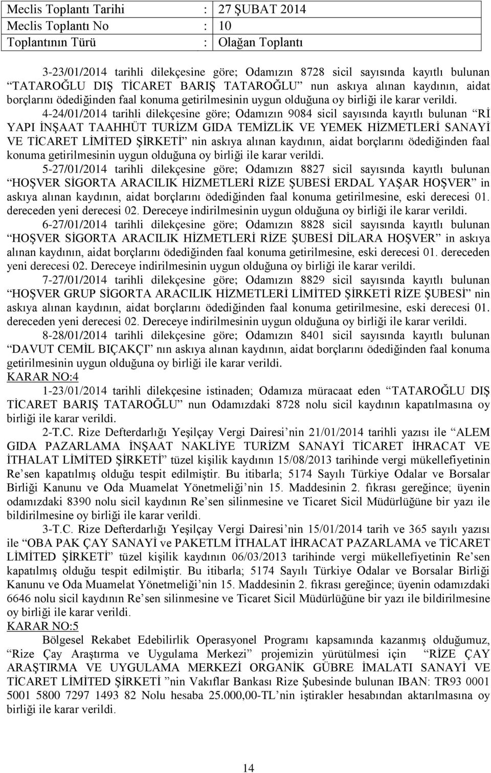 4-24/01/2014 tarihli dilekçesine göre; Odamızın 9084 sicil sayısında kayıtlı bulunan Rİ YAPI İNŞAAT TAAHHÜT TURİZM GIDA TEMİZLİK VE YEMEK HİZMETLERİ SANAYİ VE TİCARET LİMİTED ŞİRKETİ nin askıya