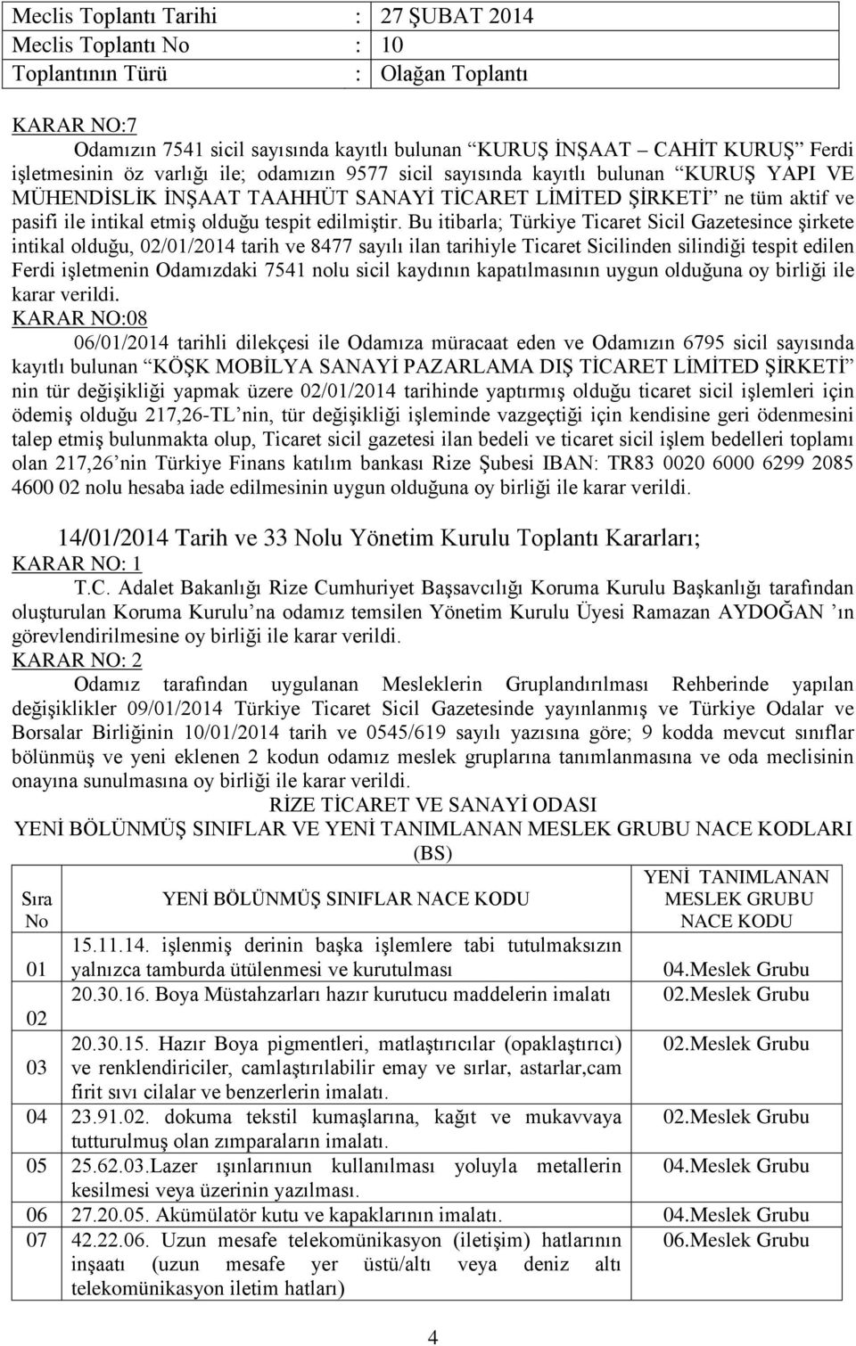 Bu itibarla; Türkiye Ticaret Sicil Gazetesince şirkete intikal olduğu, 02/01/2014 tarih ve 8477 sayılı ilan tarihiyle Ticaret Sicilinden silindiği tespit edilen Ferdi işletmenin Odamızdaki 7541 nolu