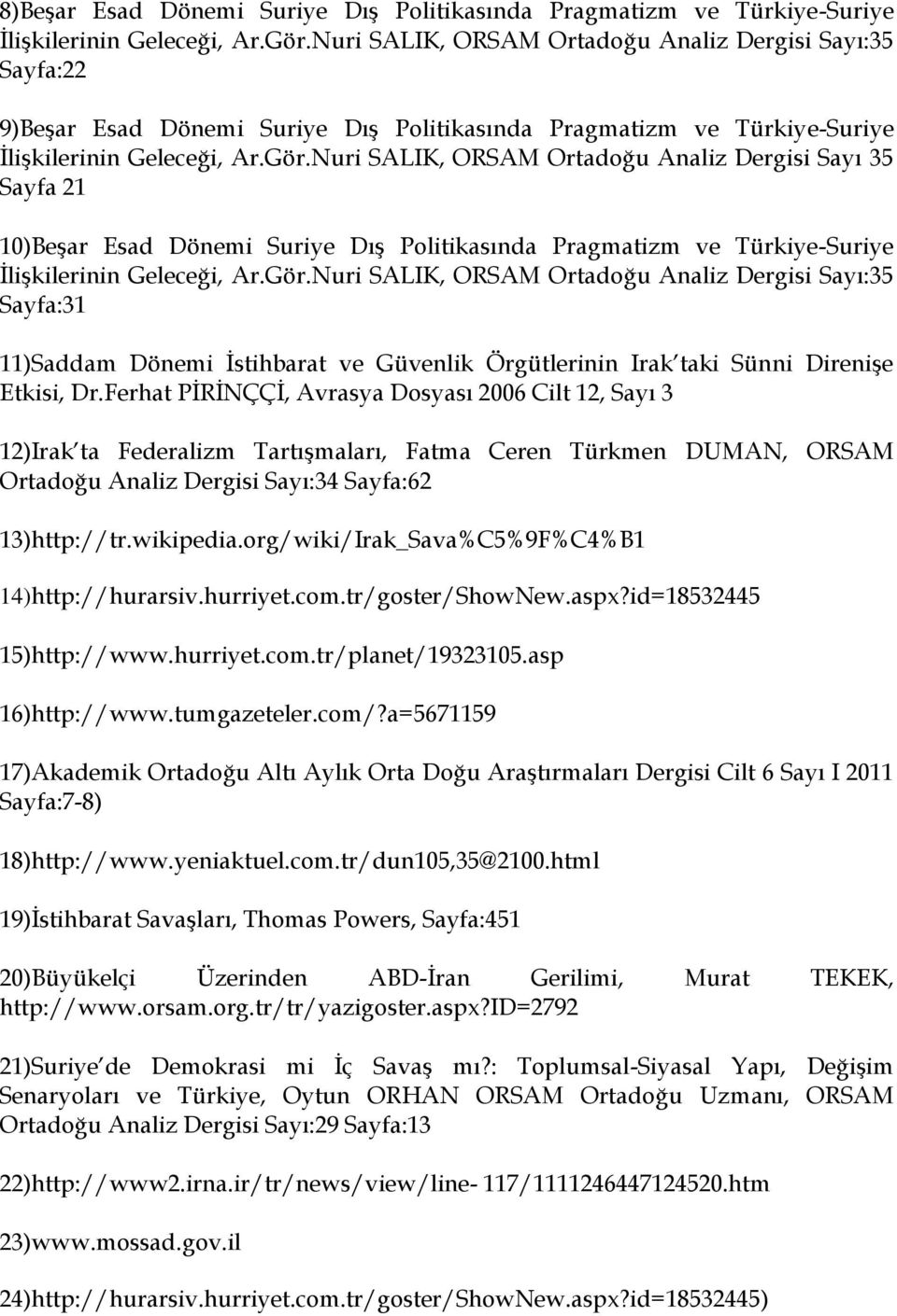 Nuri SALIK, ORSAM Ortadoğu Analiz Dergisi Sayı 35 Sayfa 21 10)BeĢar Esad Dönemi Suriye DıĢ Politikasında Pragmatizm ve Türkiye-Suriye ĠliĢkilerinin Geleceği, Ar.Gör.